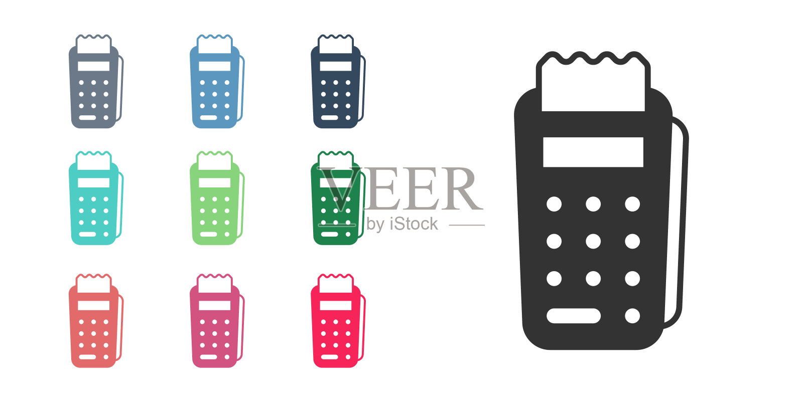 黑色POS终端插入信用卡和打印收据图标隔离在白色背景。NFC支付概念。设置图标彩色。向量插画图片素材