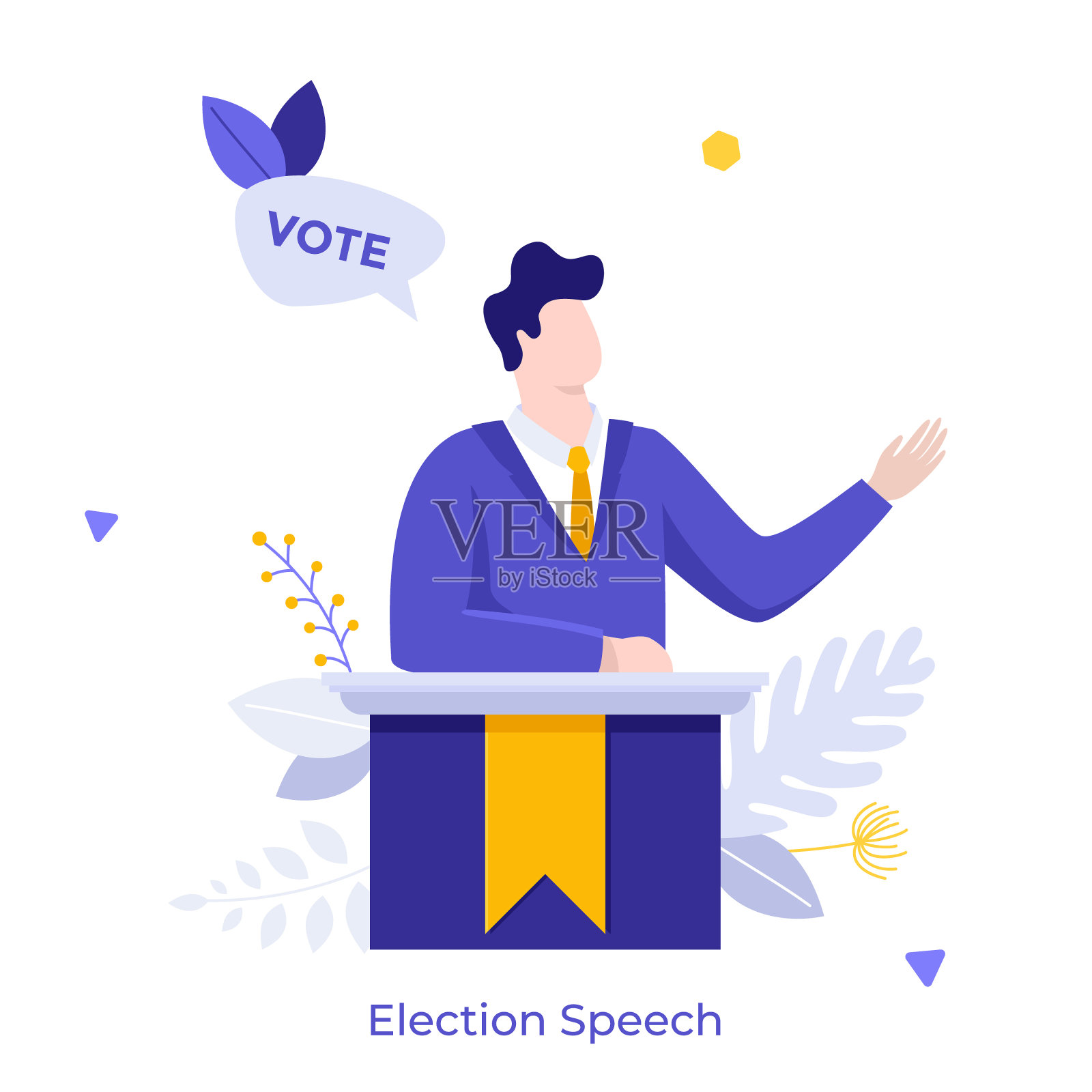 政治家或候选人在讲台上演讲或演讲。总统选举演讲的概念,公众演讲者或演说家呼吁投票。现代平面矢量插图的横幅,海报。插画图片素材