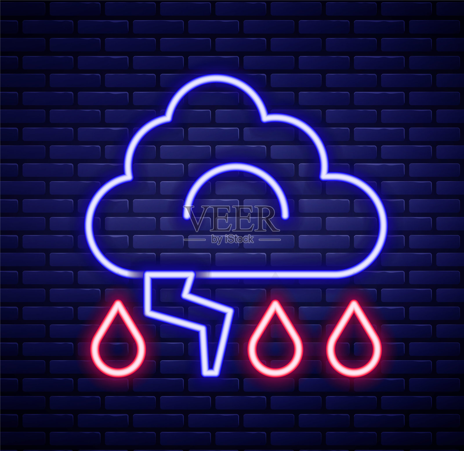 发光的霓虹灯线风暴图标孤立的砖墙背景。云和闪电的标志。风暴的天气标志。色彩缤纷的轮廓概念。向量插画图片素材
