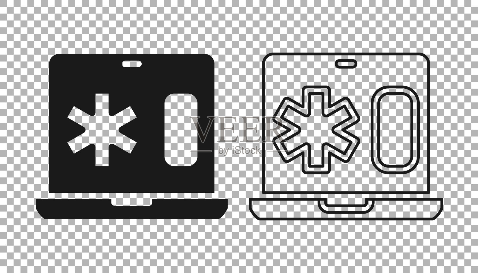 黑色医疗临床记录在笔记本电脑图标隔离透明背景。健康保险表格。医疗检查标记报告。向量插画图片素材