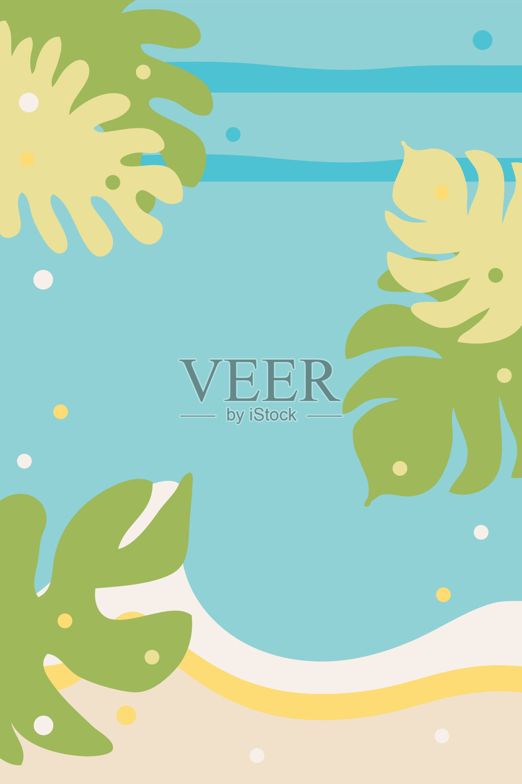 夏季矢量海报与热带树叶在平面风格。完美的故事,横幅,封面,明信片。装饰和设计的彩色背景。插画图片素材