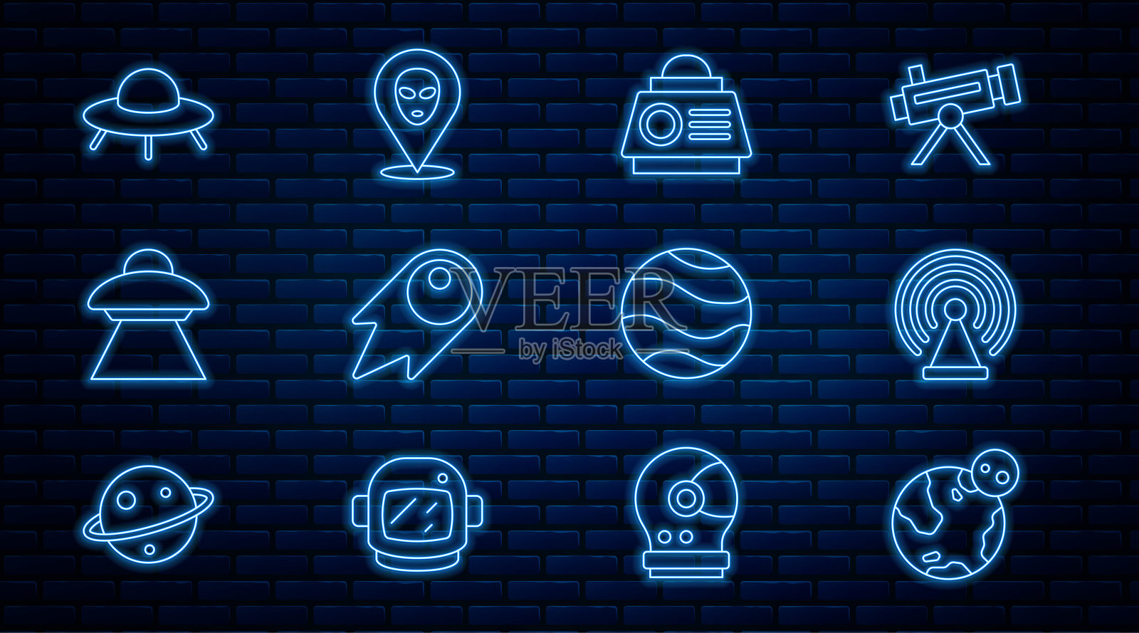 设置线地球,雷达,太空舱,彗星坠落快速,不明飞行物飞行飞船,行星和外星人的图标。向量插画图片素材