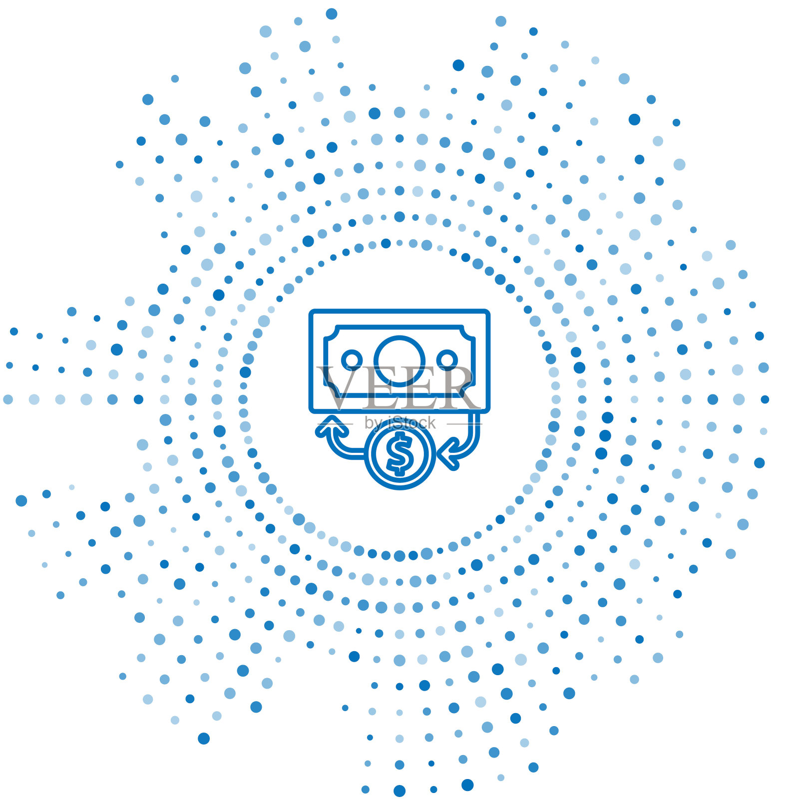 蓝线堆纸币现金图标孤立在白色背景。钞票成堆。比尔的货币。抽象圆形随机点。向量插画图片素材