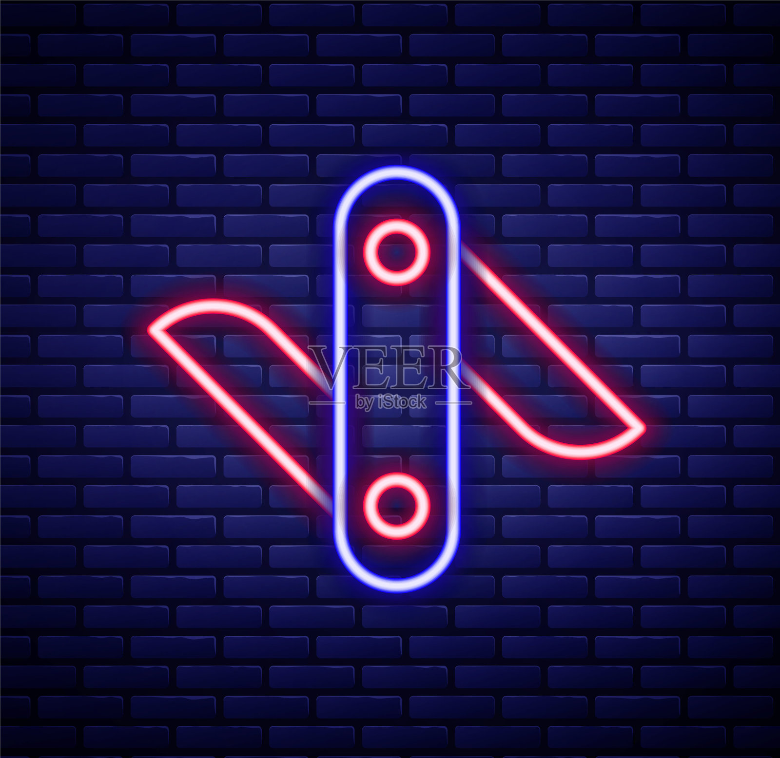 发光的霓虹灯线瑞士军刀图标孤立的砖墙背景。多工具,多用途铅笔刀。多功能工具。色彩缤纷的轮廓概念。向量插画图片素材