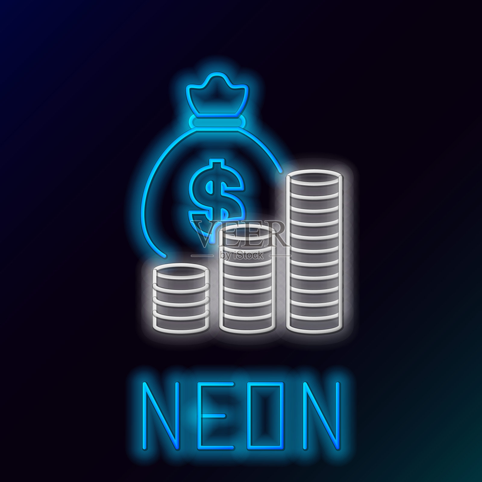 蓝色发光的霓虹灯线钱袋和硬币图标孤立的黑色背景。美元或USD符号。现金银行货币标志。色彩缤纷的轮廓概念。矢量图插画图片素材