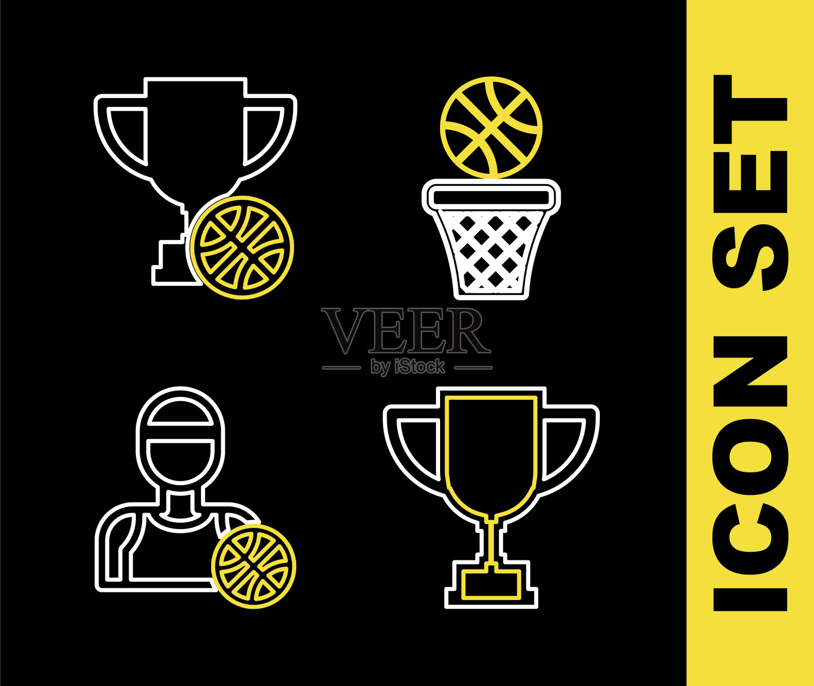 设定线体育冠军领奖台,手拿篮球,篮球奖章和奖杯图标。向量插画图片素材