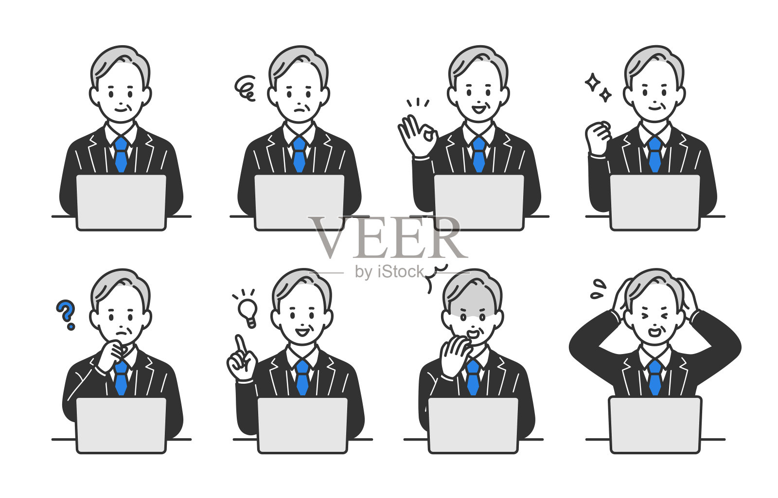 一组经理在看电脑时的各种表情和姿势【矢量/插图/人】插画图片素材