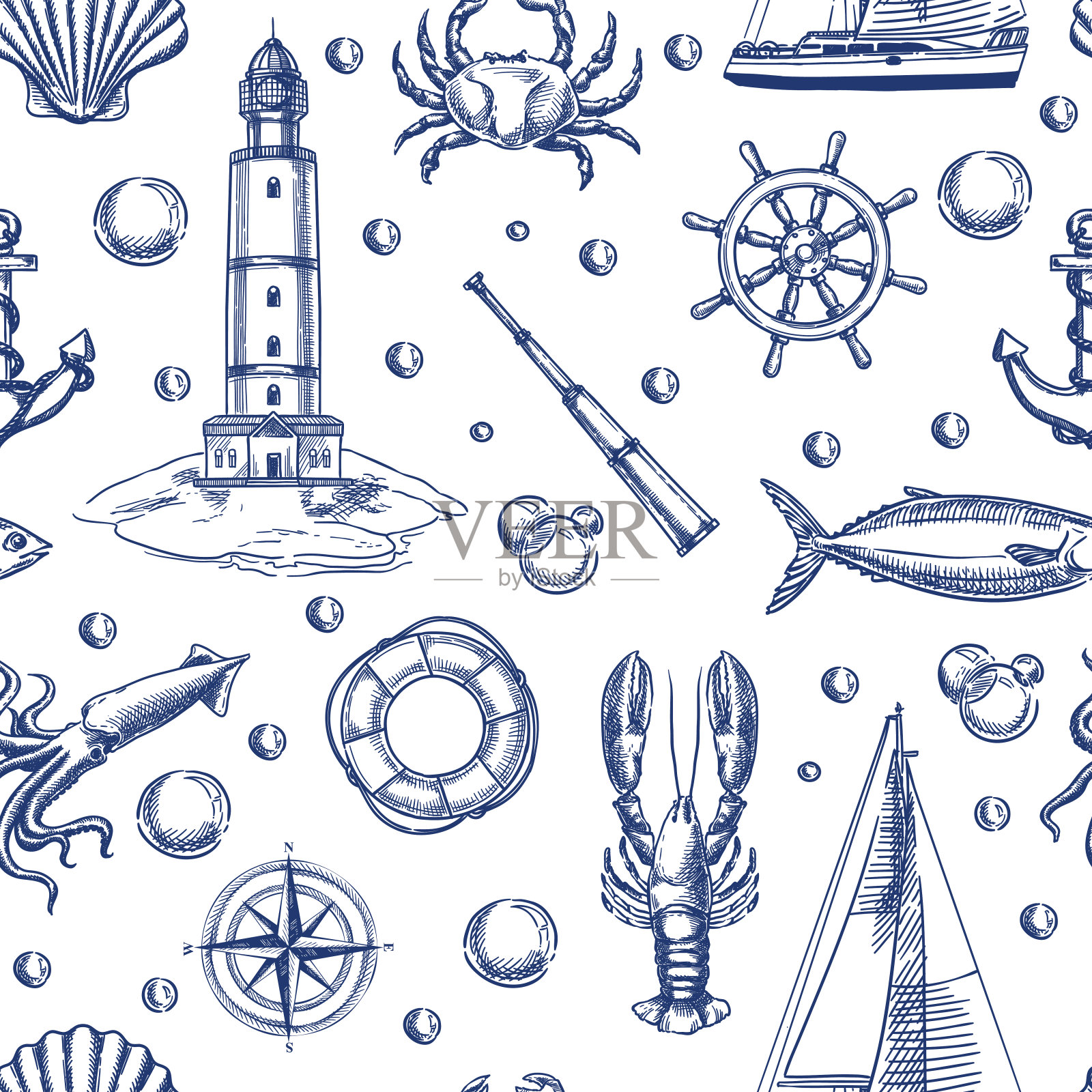 航海复古无缝图案与灯塔,船,锚,海洋动物。矢量插图。纺织品印花设计插画图片素材