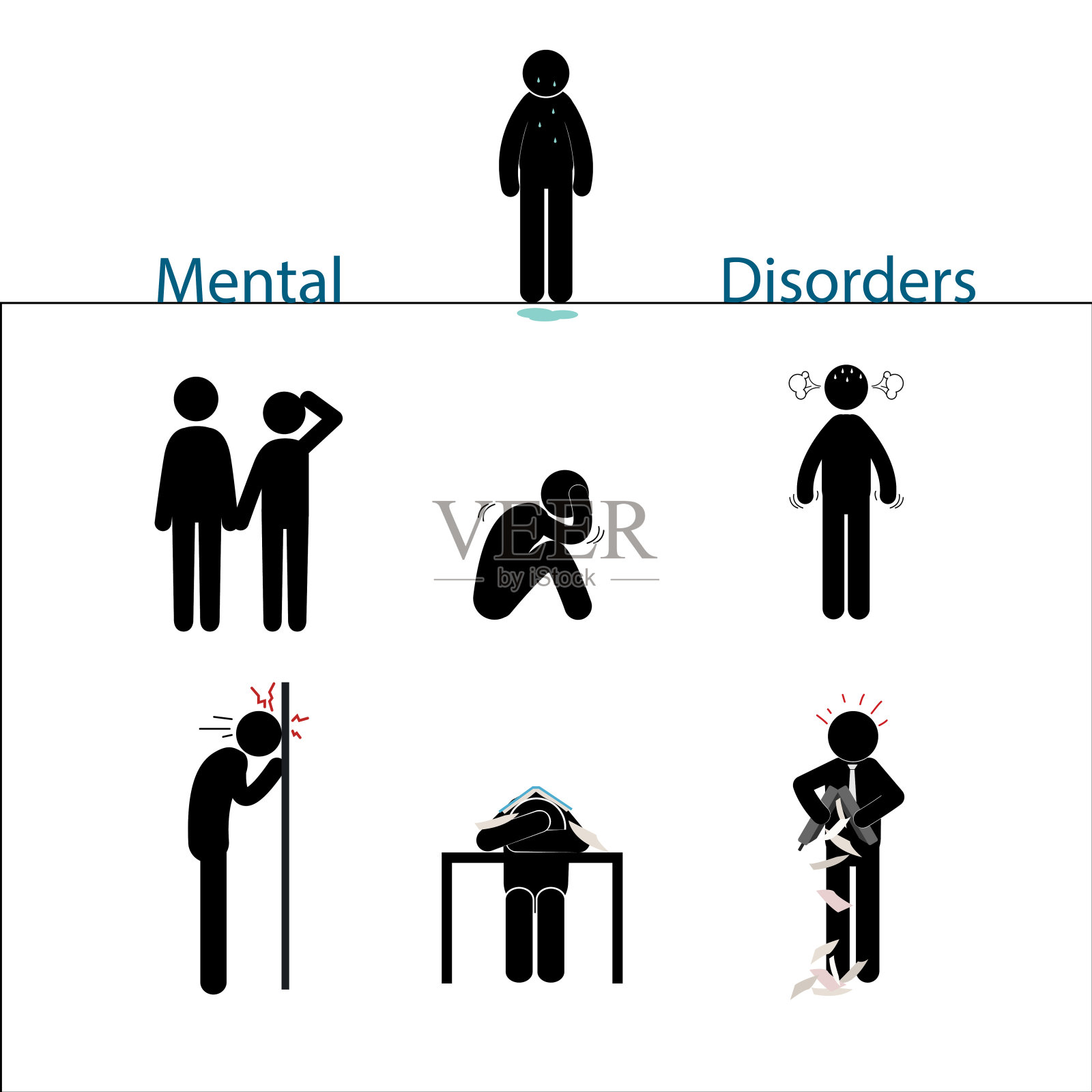 精神障碍火柴人套装插画图片素材