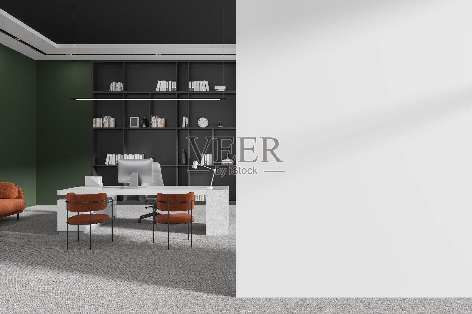 白色和绿色的CEO办公室内部与空白的墙壁照片摄影图片