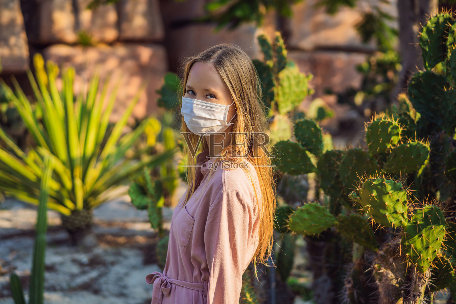 美丽时尚的年轻女子,穿着粉色连衣裙,在仙人掌的沙漠中,在COVID-19冠状病毒期间戴着医用口罩,在非洲狩猎旅行,探索自然,阳光明媚的夏天,度假的旅行者照片摄影图片