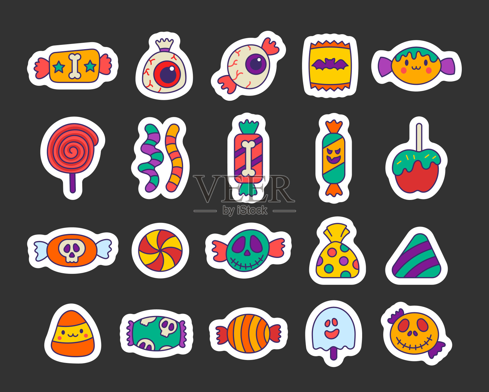 糖万圣节的糖果。贴纸书签。有趣的食物。卡通焦糖吸盘。手绘风格。矢量图。设计元素的集合。插画图片素材