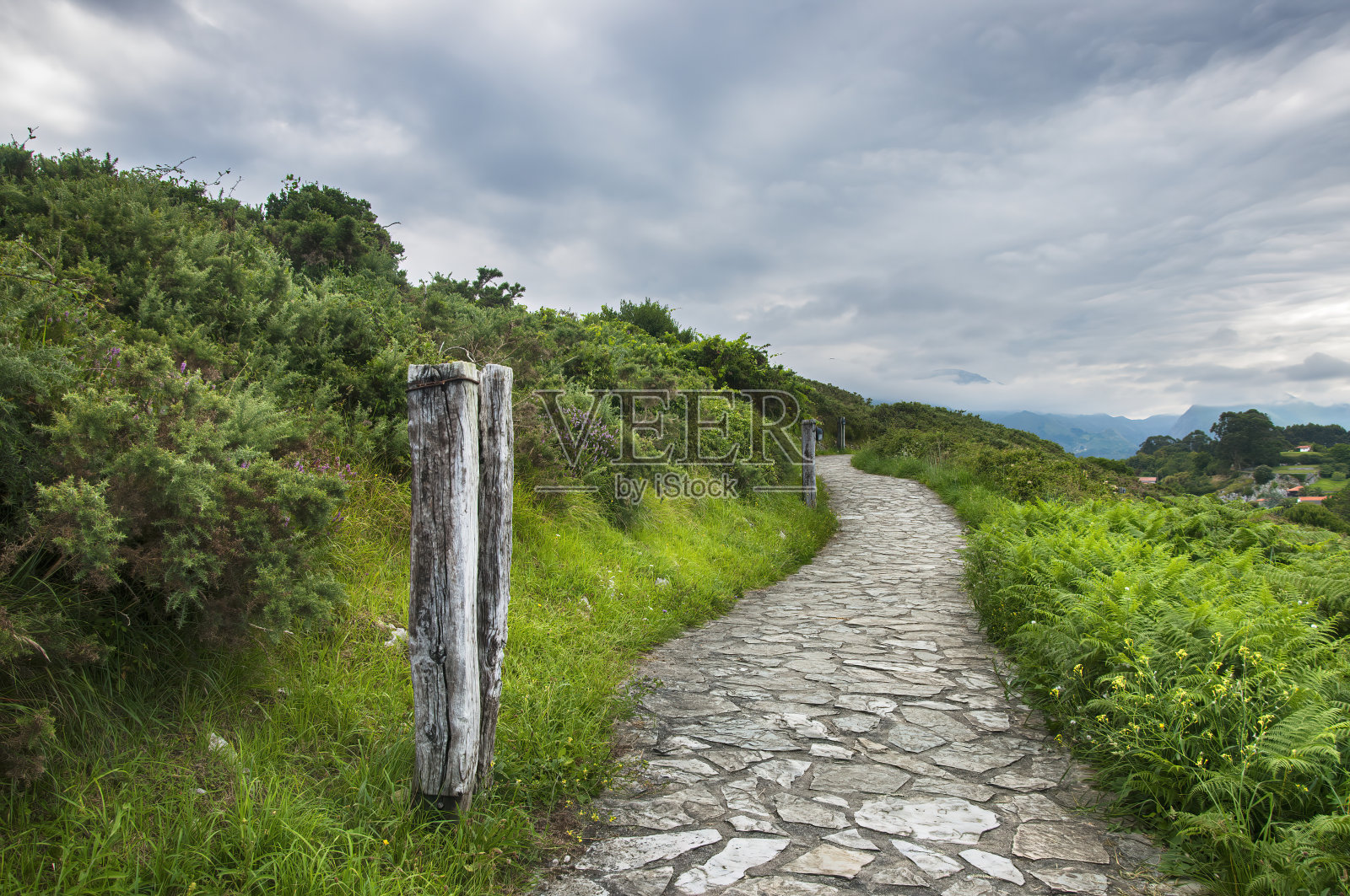 山间绿草如茵的石径景观,天空多云。照片摄影图片
