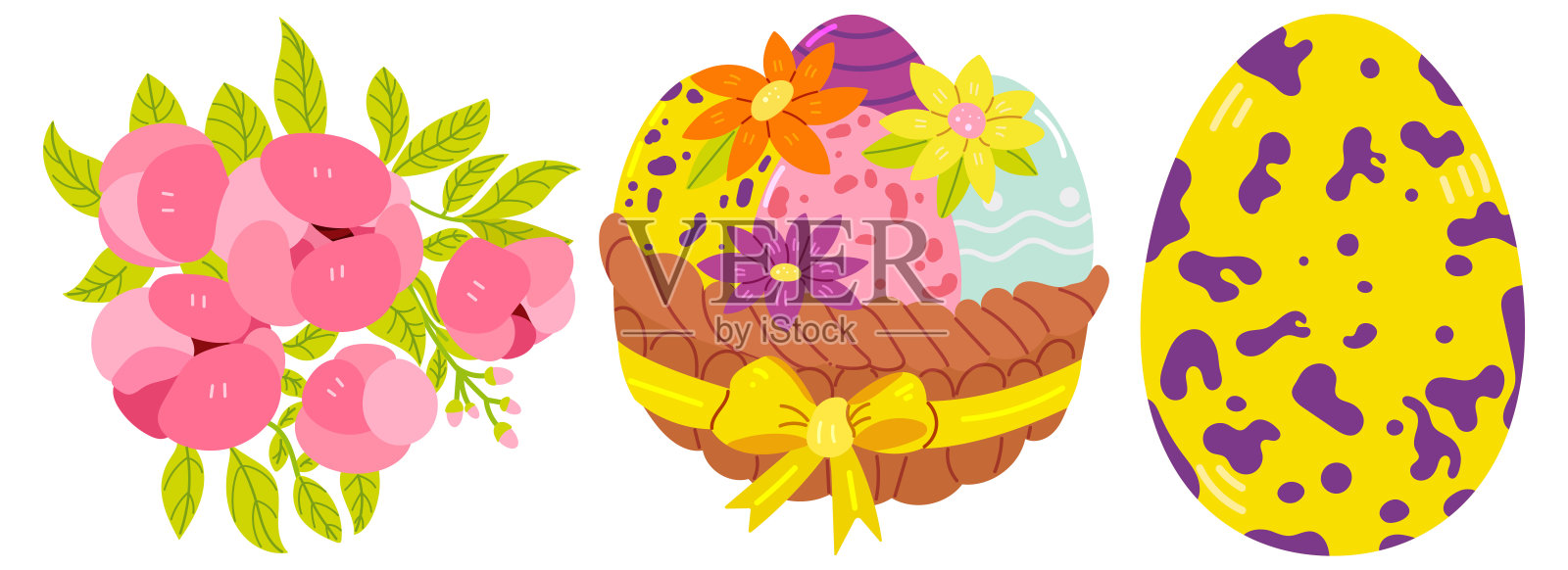 一套可爱的彩色复活节彩蛋,复活节符号和装饰复活节矢量元素集合。收集彩色鸡蛋。插画图片素材