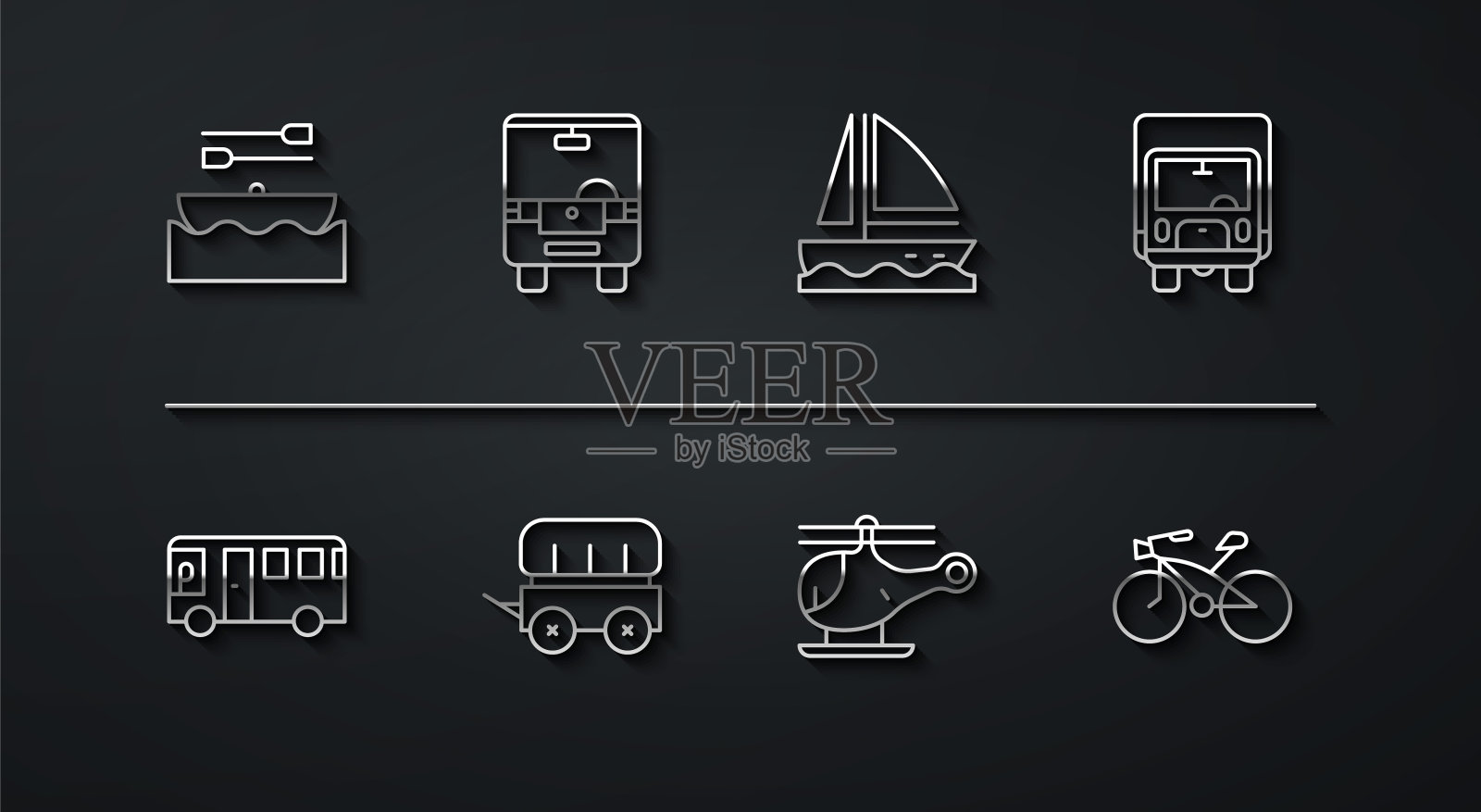 设线船与桨,公共汽车,送货卡车,直升机,狂野西部篷车,自行车和游艇帆船图标。向量插画图片素材