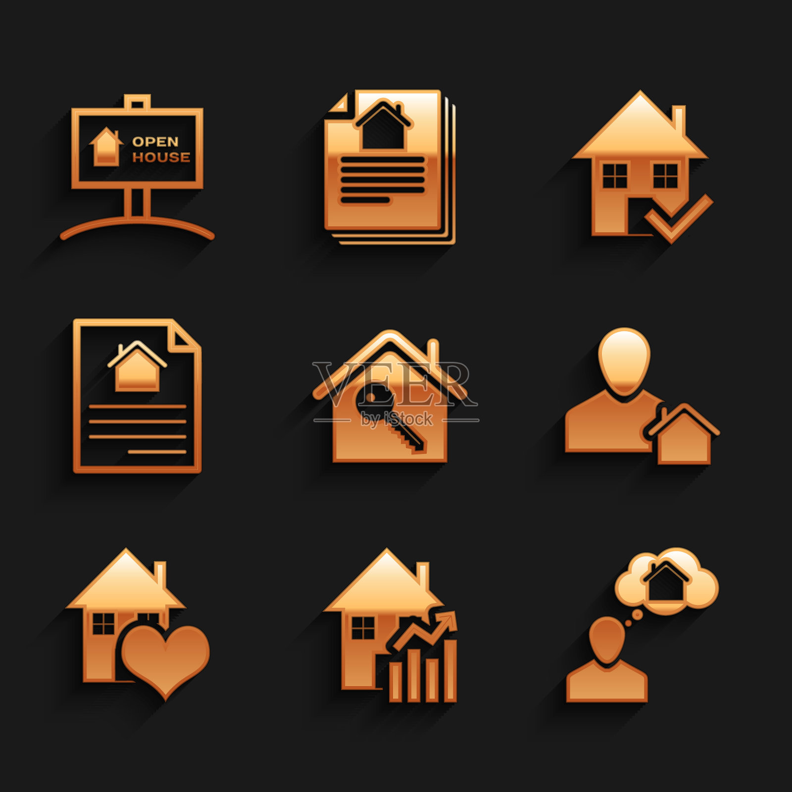 设置房子与钥匙,住房成本上升,男人梦想买房,房地产经纪人,心形,合同,检查标记和悬挂标志打开图标。向量插画图片素材