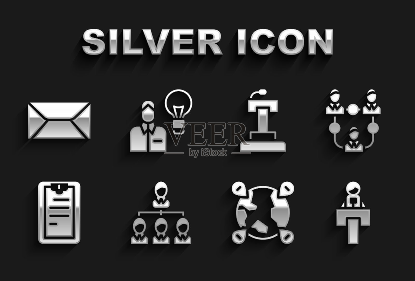 设置层次结构图,项目团队基地,舞台展台论坛,地球上的位置,带检查表的剪贴板,信封和人类灯泡图标。向量插画图片素材