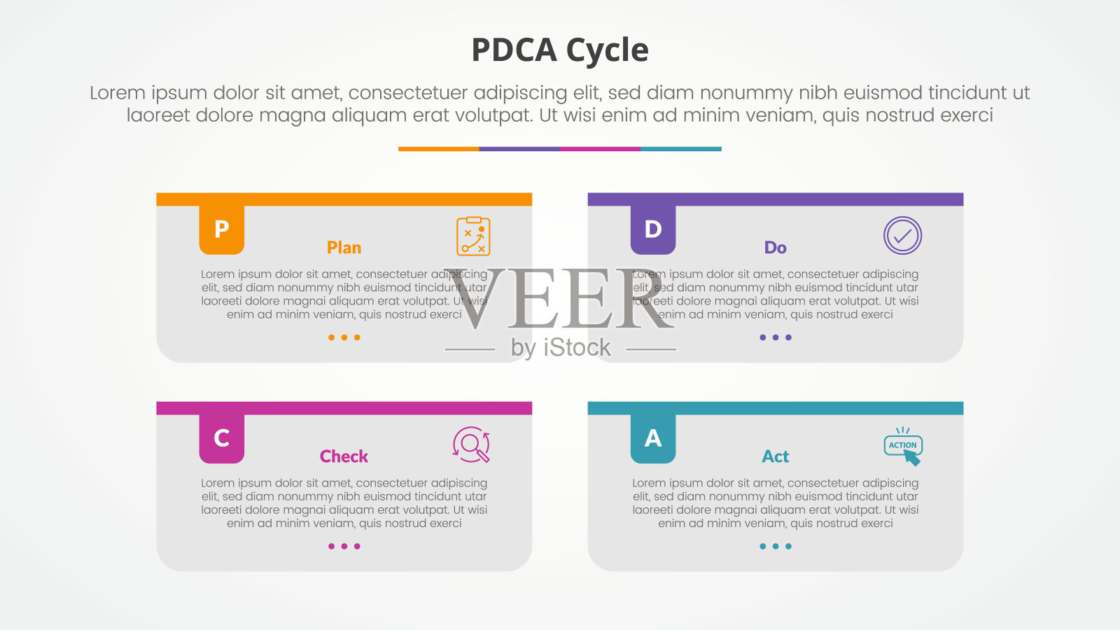 PDCA计划确实检查行为框架信息图表概念幻灯片演示与长矩形盒容器彩色徽章头与4点列表平面风格插画图片素材