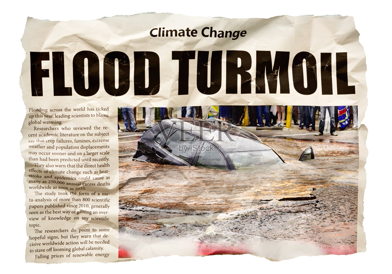 在“气候变化”的副标题下,皱巴巴的剪报写道:“洪水动乱”照片摄影图片