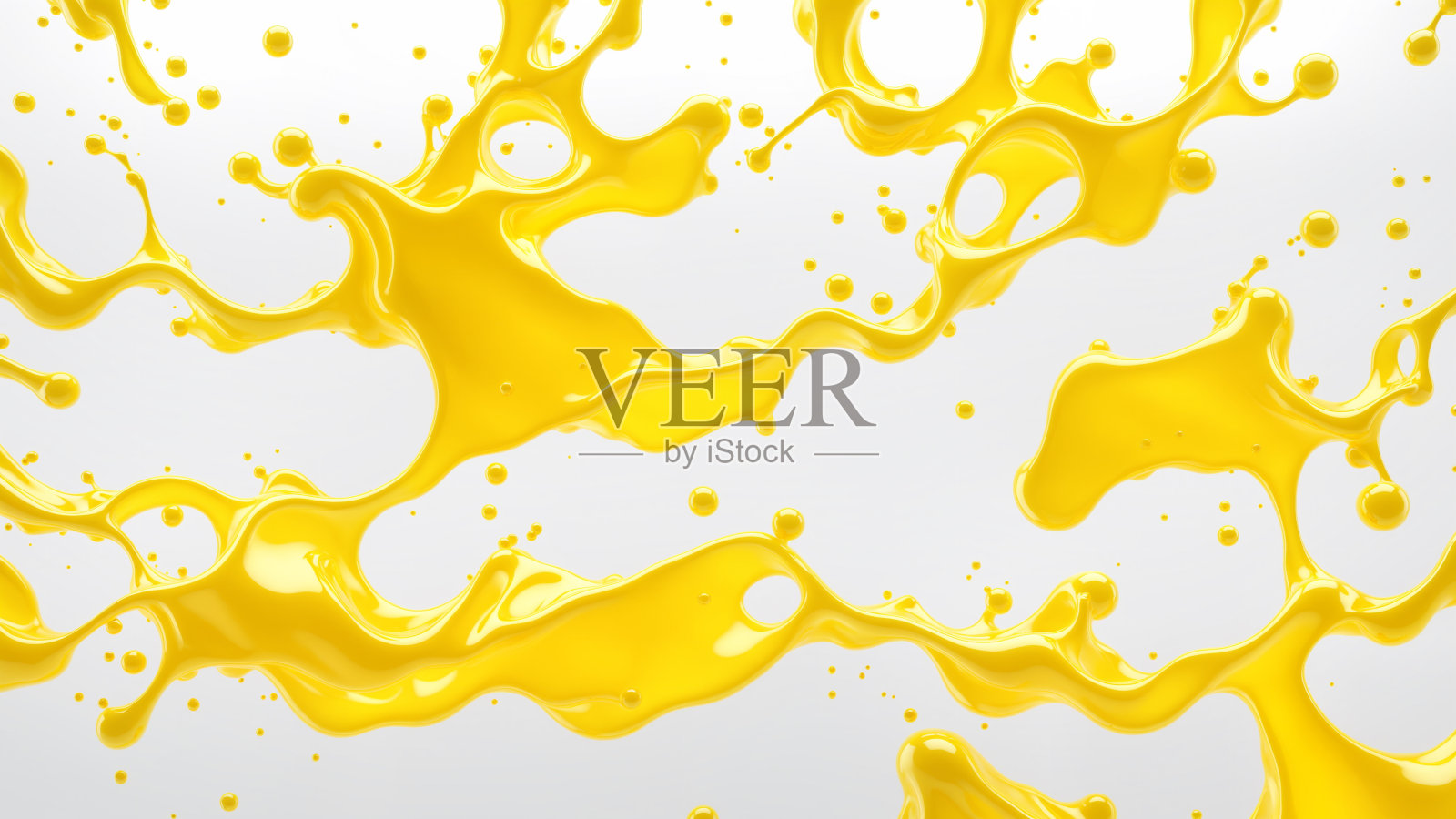 特写黄色果汁液体溅在白色背景上,创造出动态的、抽象的图案。三维渲染照片摄影图片