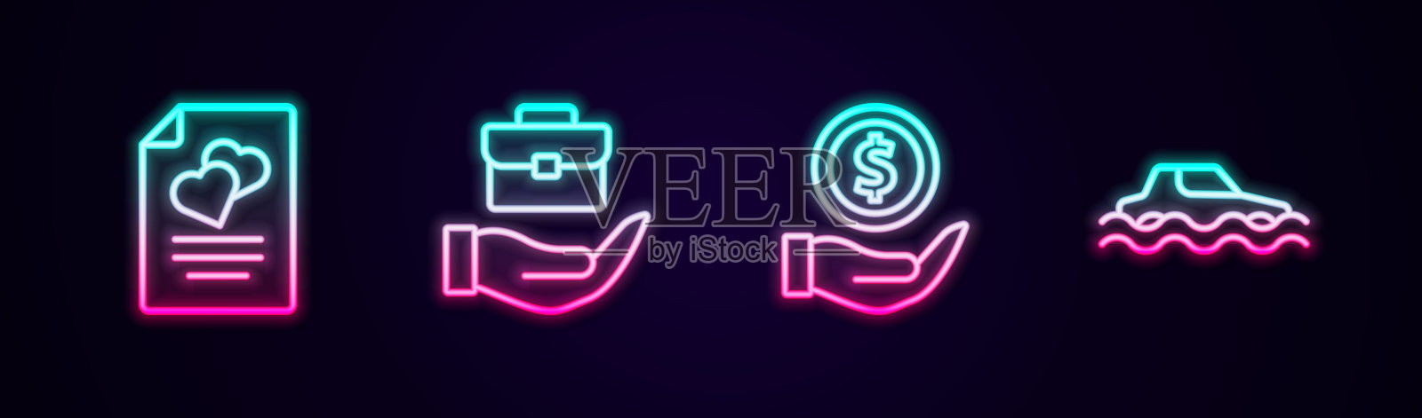 婚约,手提公文包,带盾的钱,洪水车。发光的霓虹灯图标。向量插画图片素材