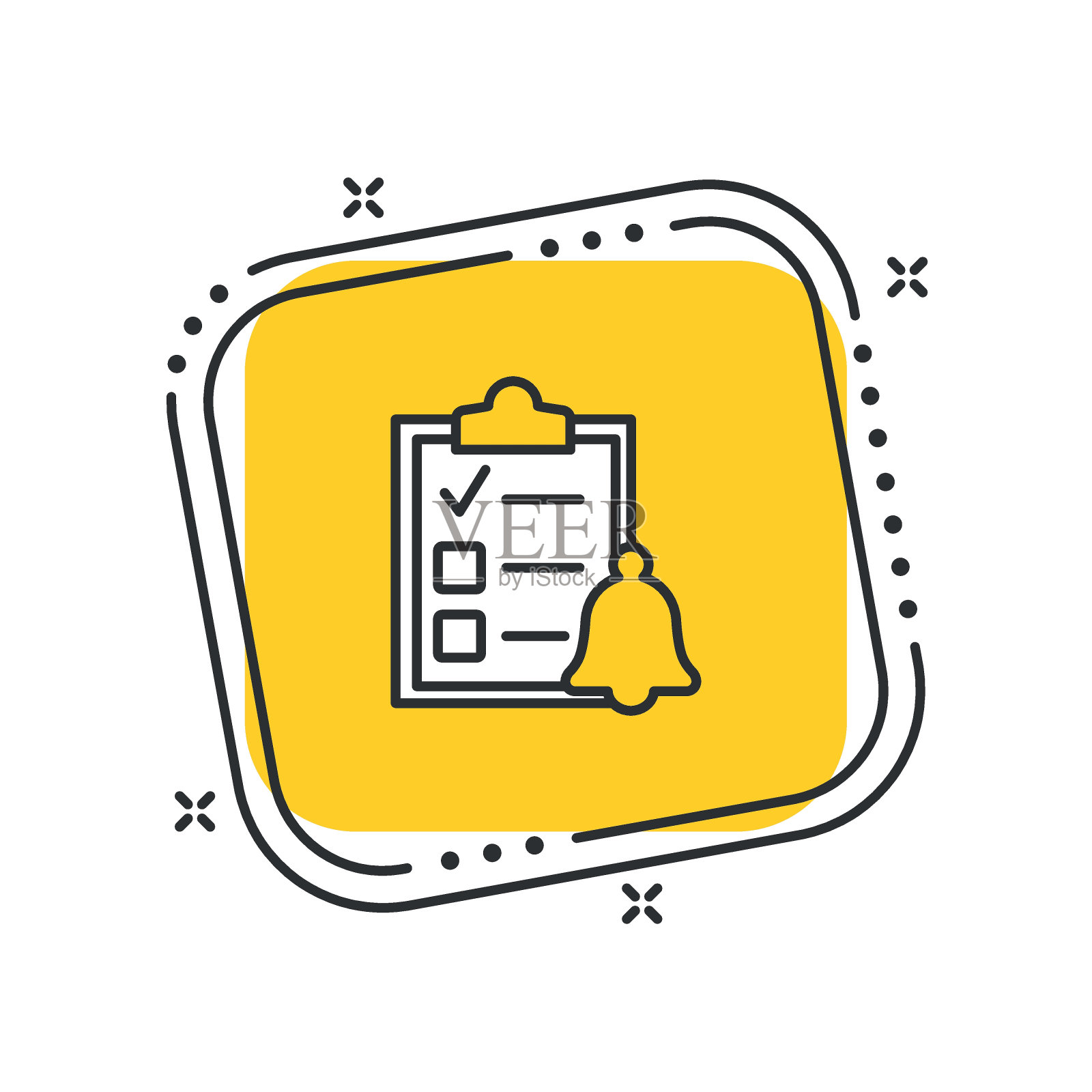 卡通清单与钟图标矢量插图。通知在孤立的黄色正方形背景上。检查表符号的概念。插画图片素材