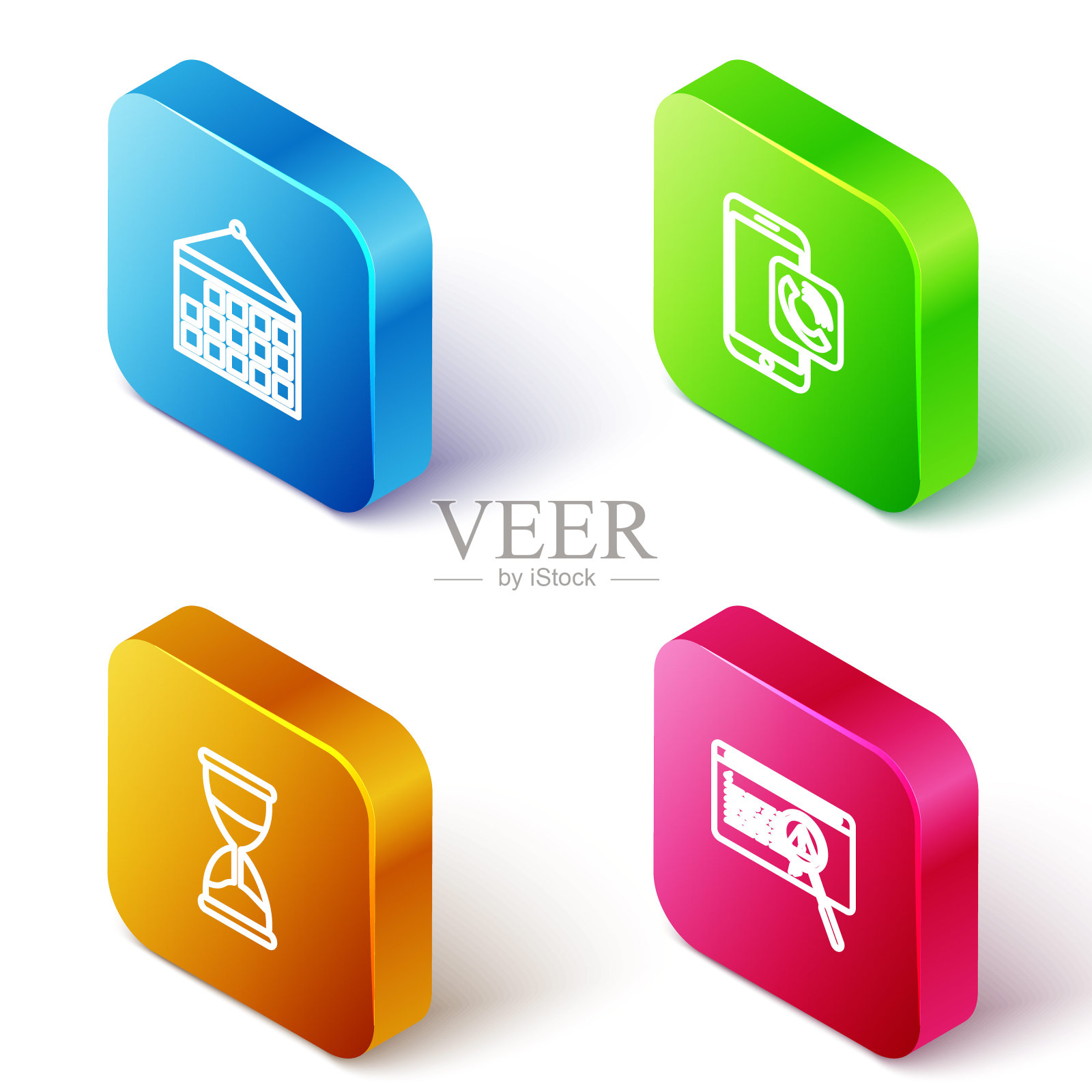 设置等距线日历,手机通话,沙漏和系统bug概念图标。向量插画图片素材