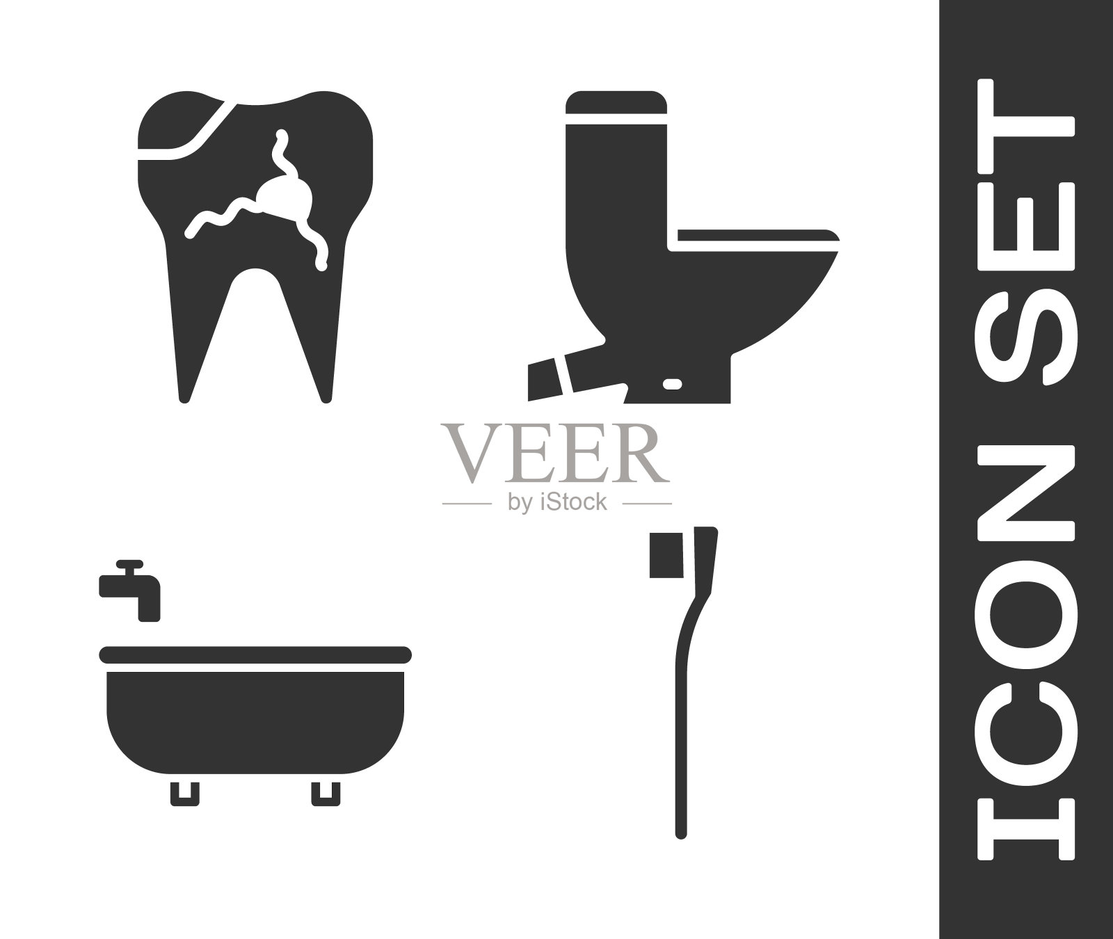 设置牙刷,破碎的牙齿,浴缸和马桶图标。向量插画图片素材