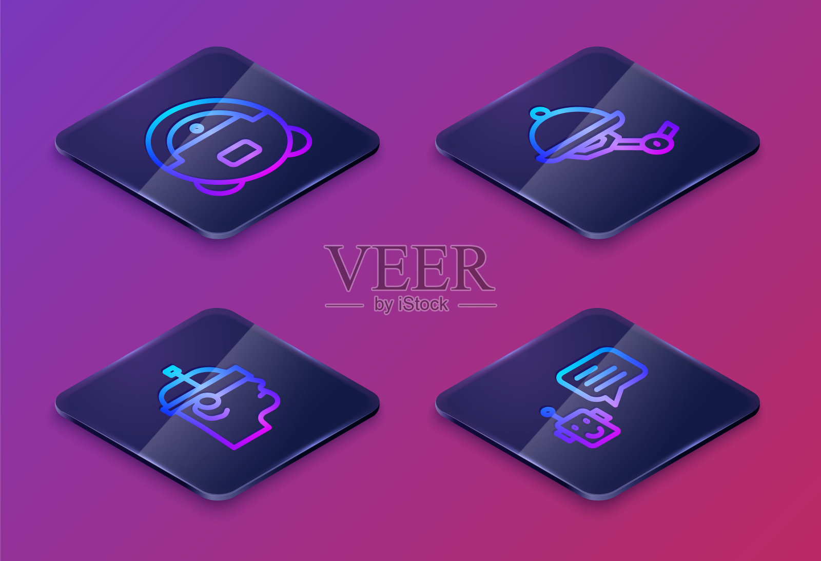 设置等距线机器人吸尘器,智能眼镜,服务员机器人和机器人。蓝色方形按钮。向量插画图片素材