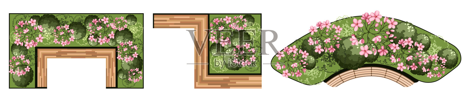 景观设计方案为俯视图元素。用于建筑平面图的树木和长凳。随行人员设计。各种花木、灌木和灌木。矢量插图。插画图片素材