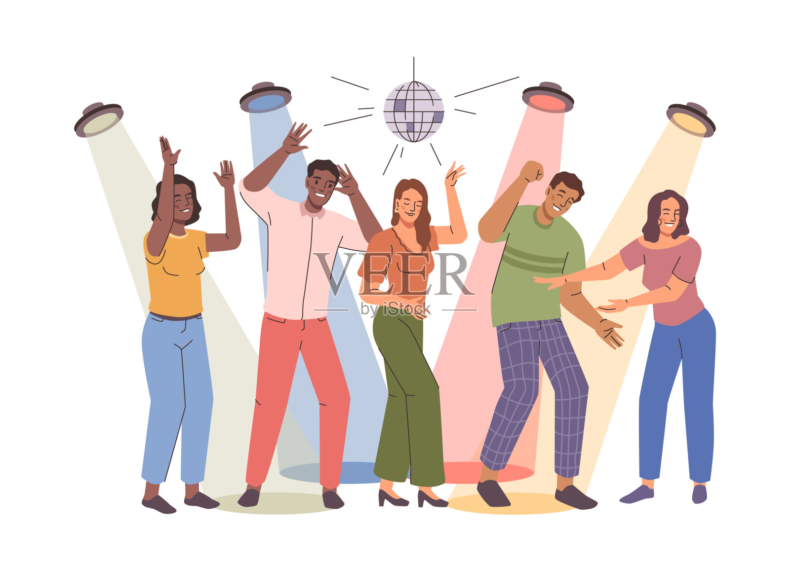 跳舞的男女,孤独的朋友在晚上玩得很开心。矢量夜总会和夜生活的人,舞池和迪斯科球与聚光灯。周末和情侣出游插画图片素材