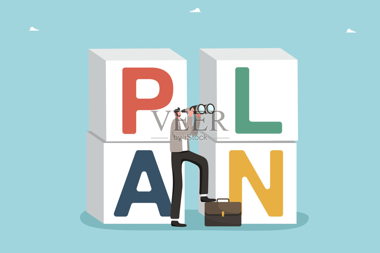 一个人用双筒望远镜在立方体附近有计划地观察插画图片素材