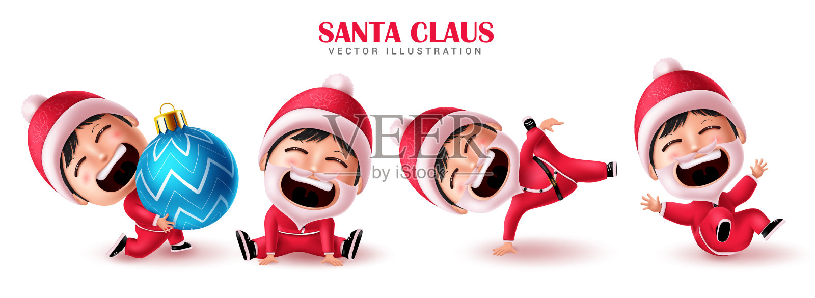 圣诞老人字符集矢量设计。圣诞老人孩子们在白色孤立的背景中摆着坐着、爬着、滑稽和挥舞的姿势。插画图片素材