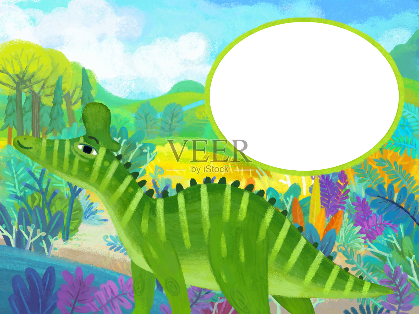 卡通自然场景作为框架边界模板与丛林森林与恐龙动物插图为儿童插画图片素材