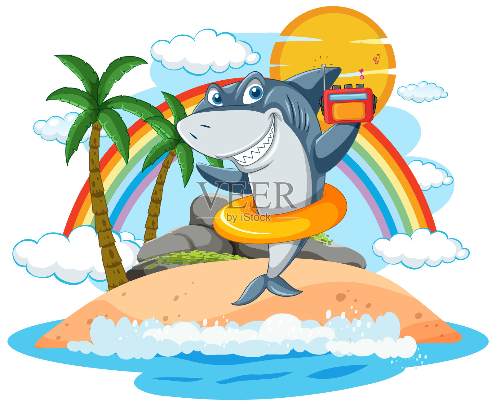 阳光岛上有无线电的快乐鲨鱼插画图片素材