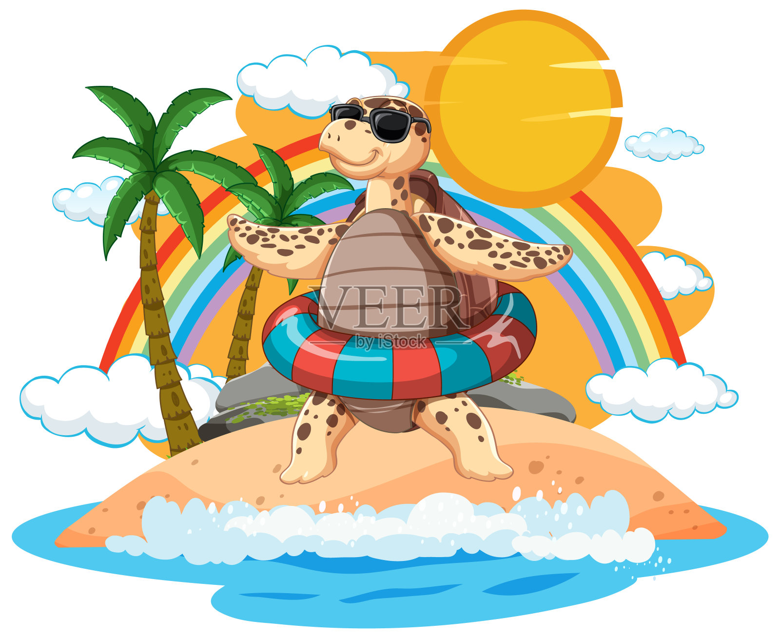 在阳光明媚的海滩上戴着墨镜的乌龟插画图片素材