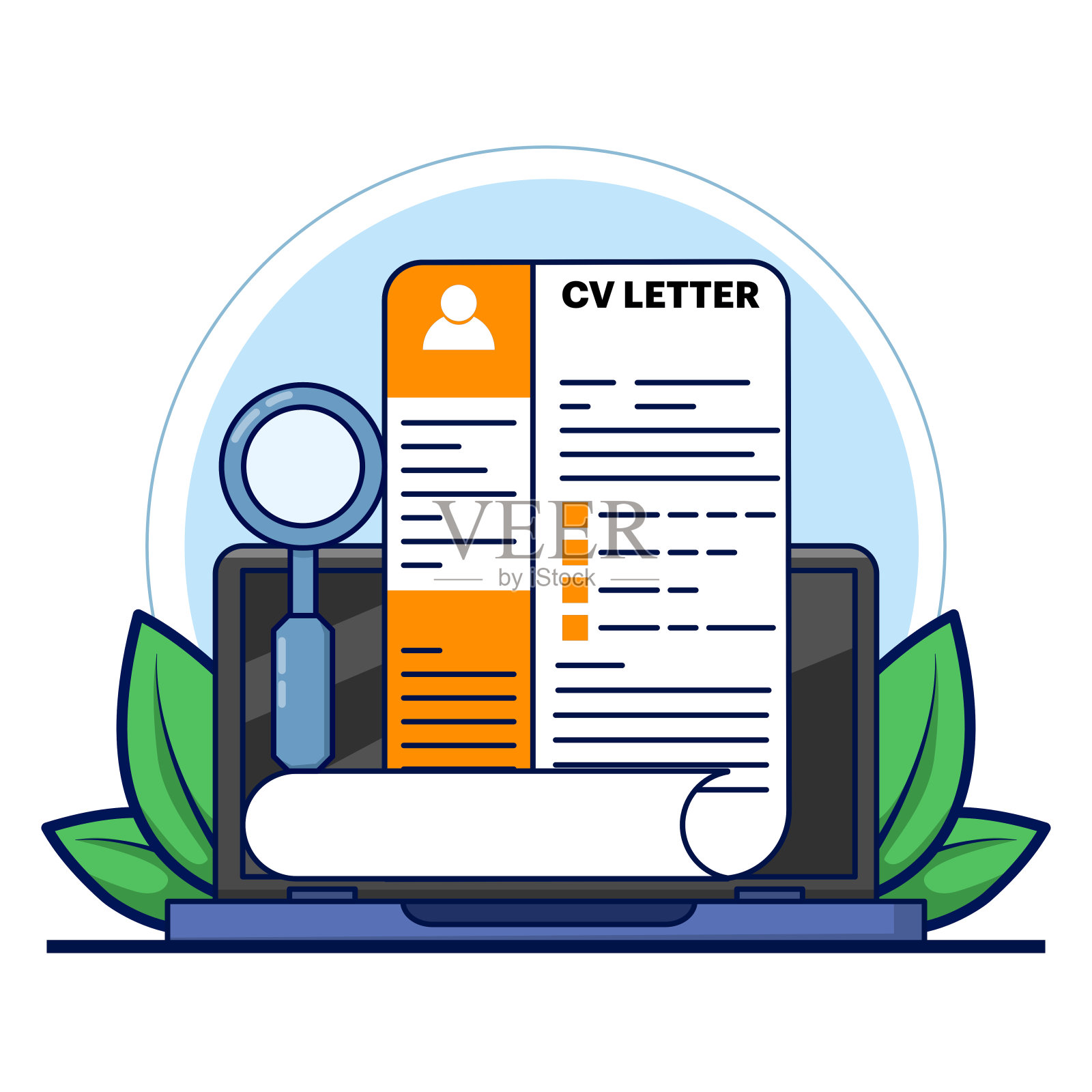 招聘概念,简历剪贴板与放大镜。公司招聘,寻找合格的候选人。将简历资料放大镜放在剪贴板上,选择招聘进行面试。插画图片素材