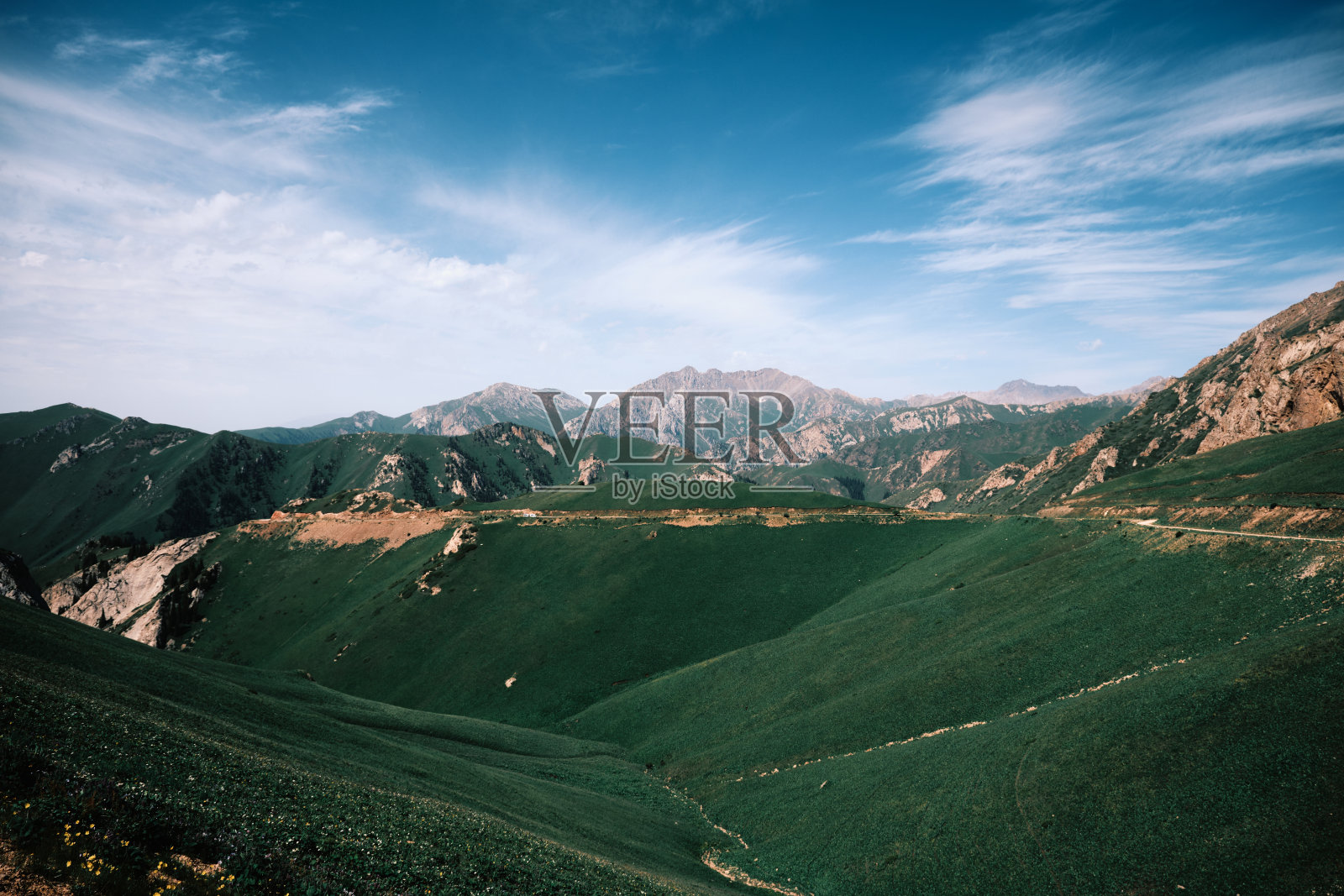 广角夏季景观与蜿蜒的道路到山口照片摄影图片