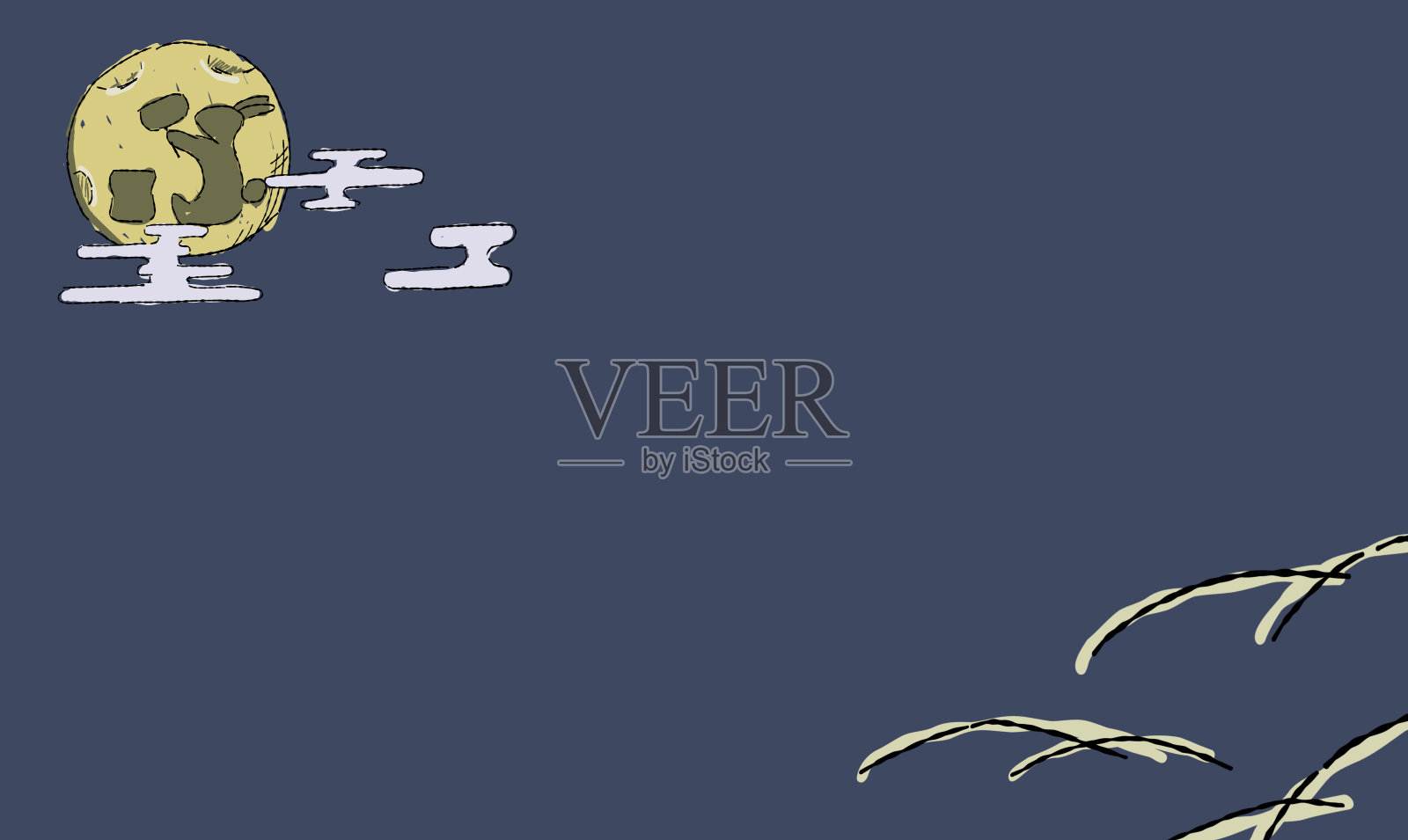 夜空中月亮观赏背景的插图,带有日本图案。手绘钢笔和铅笔风格。月亮上兔子的影子。插画图片素材