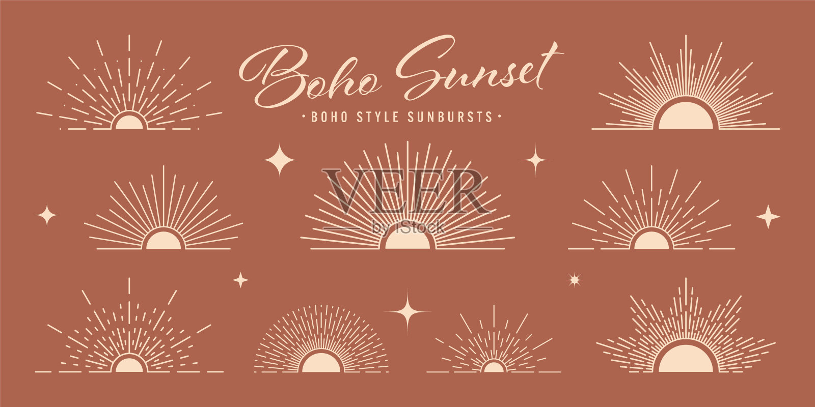 复古的日辉,夕阳的光束,半圆的日出。波西米亚风格,现代极简的波西米亚设计。手绘出阵阵阳光,光芒四射。复古风格的字体设计元素。矢量图插画图片素材