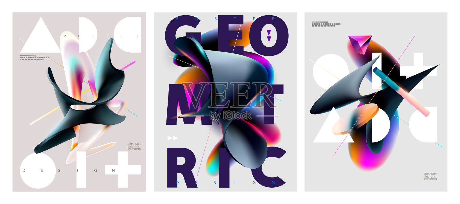 集抽象海报设计与三维流体几何形状。插画图片素材