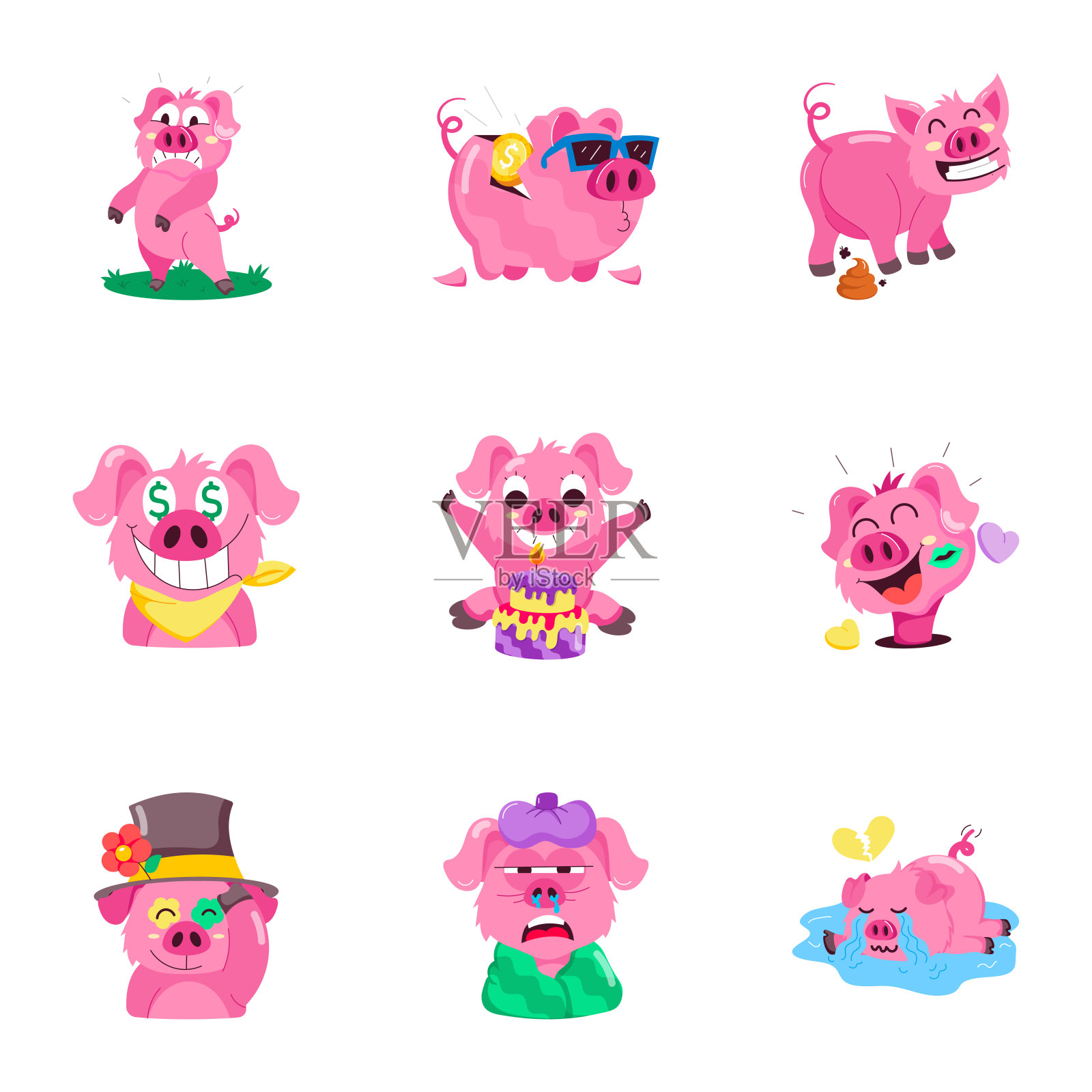 一套可爱的猪字扁平贴纸插画图片素材