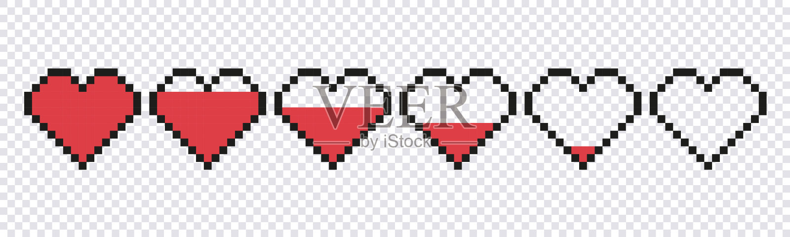 设置像素游戏生命条。矢量艺术8位健康心脏条。心脏玩家健康信号。像素图标,矢量插图隔离在方格背景。插画图片素材