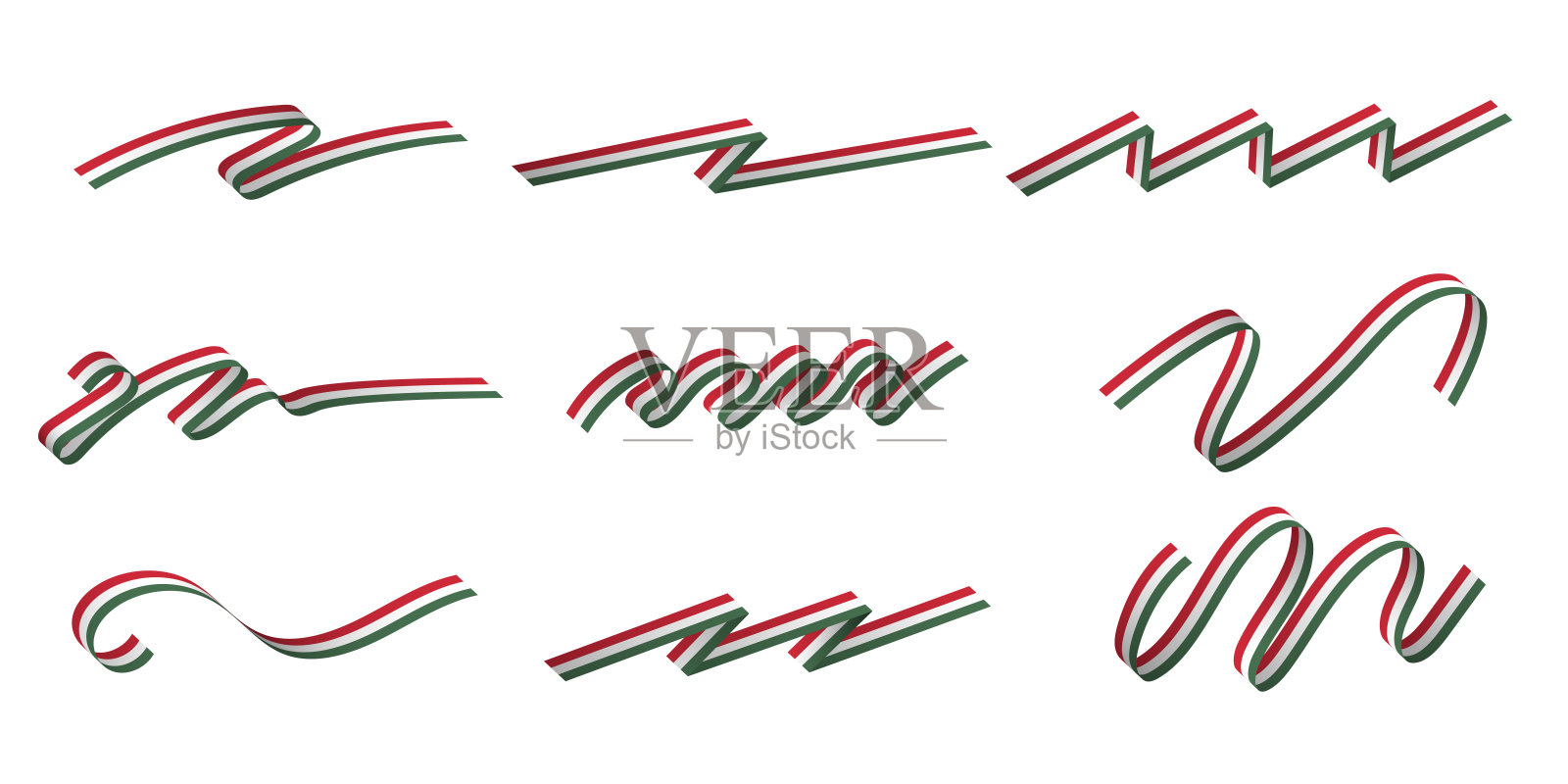 一套长3d匈牙利国旗丝带。长长的匈牙利国旗。设计元素。插画图片素材