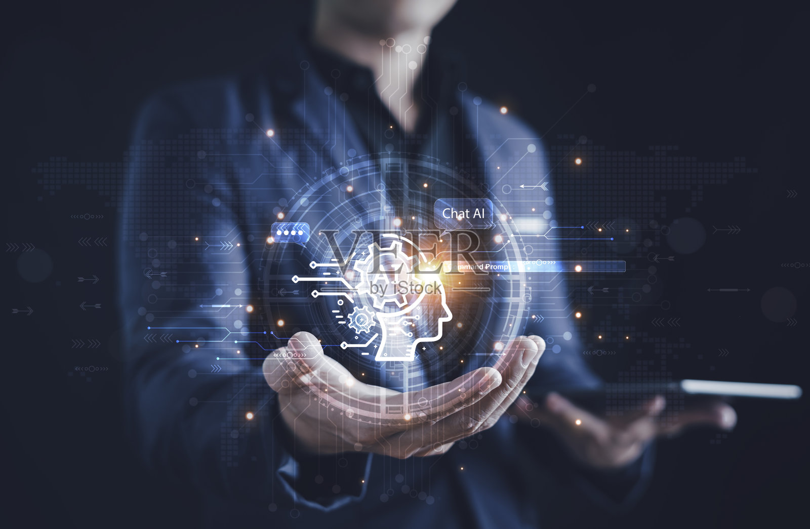 AI聊天机器人使用人工智能技术对话智能机器人AI,生成式AI,回答,商人使用AI生成东西,客户支持,笔记本电脑,助手,聊天界面。照片摄影图片