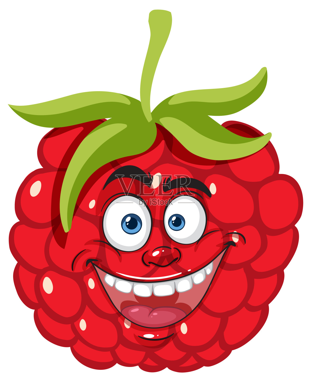 微笑的树莓,有富有表情的眼睛和绿色的叶子插画图片素材
