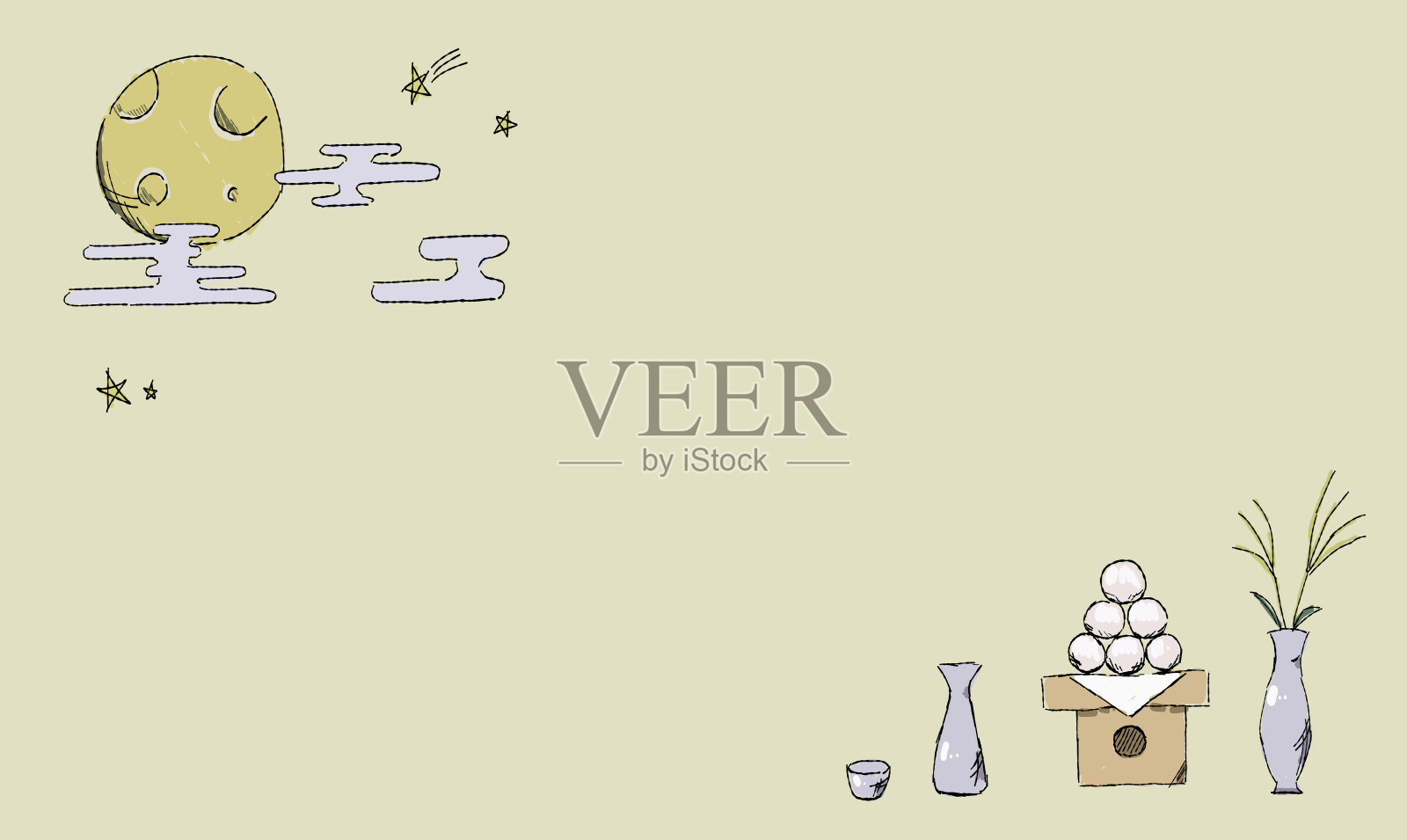 插图的背景是赏月用星星,赏月粽子。手绘触笔画风。插画图片素材