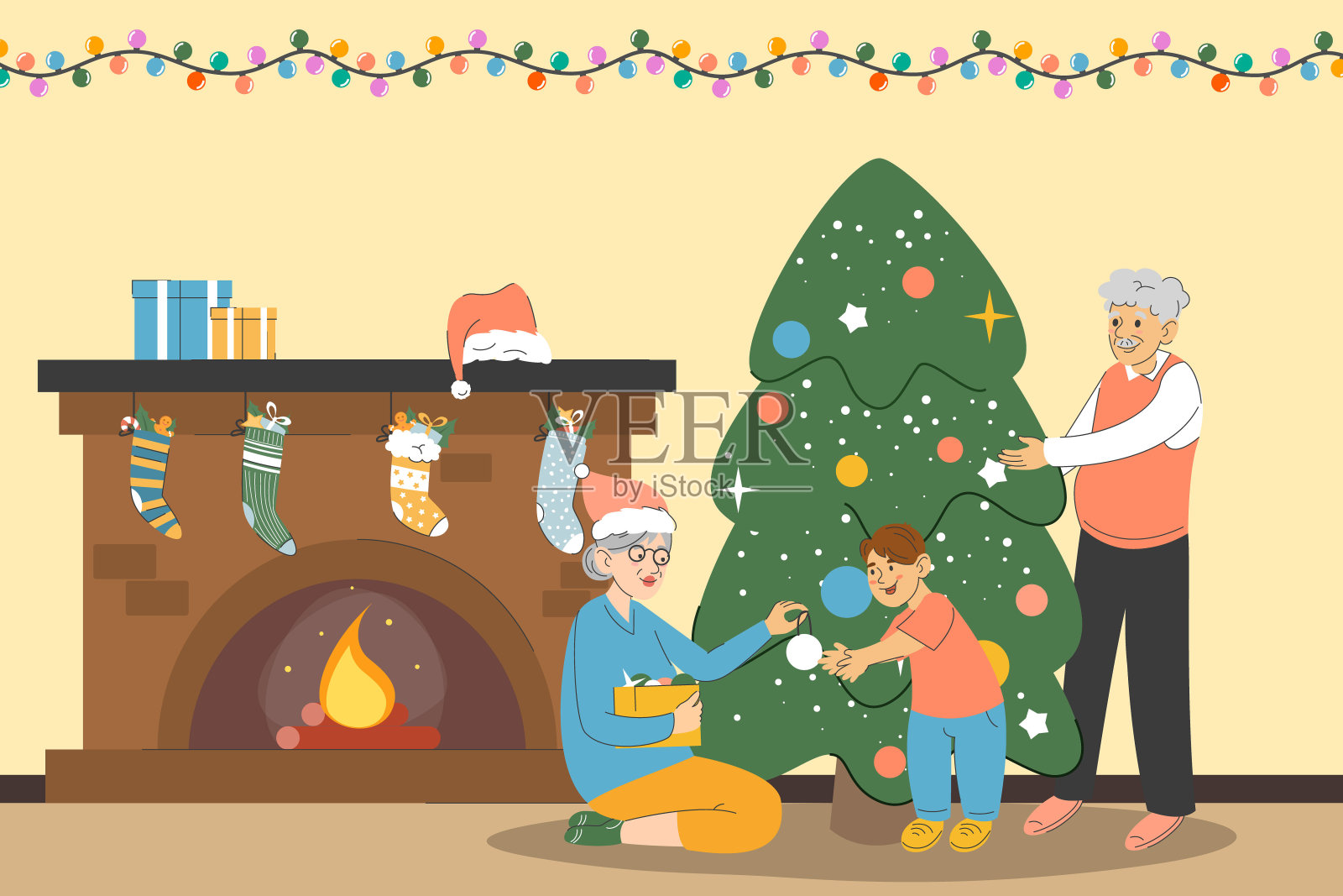 快乐的家庭装饰圣诞树插画图片素材