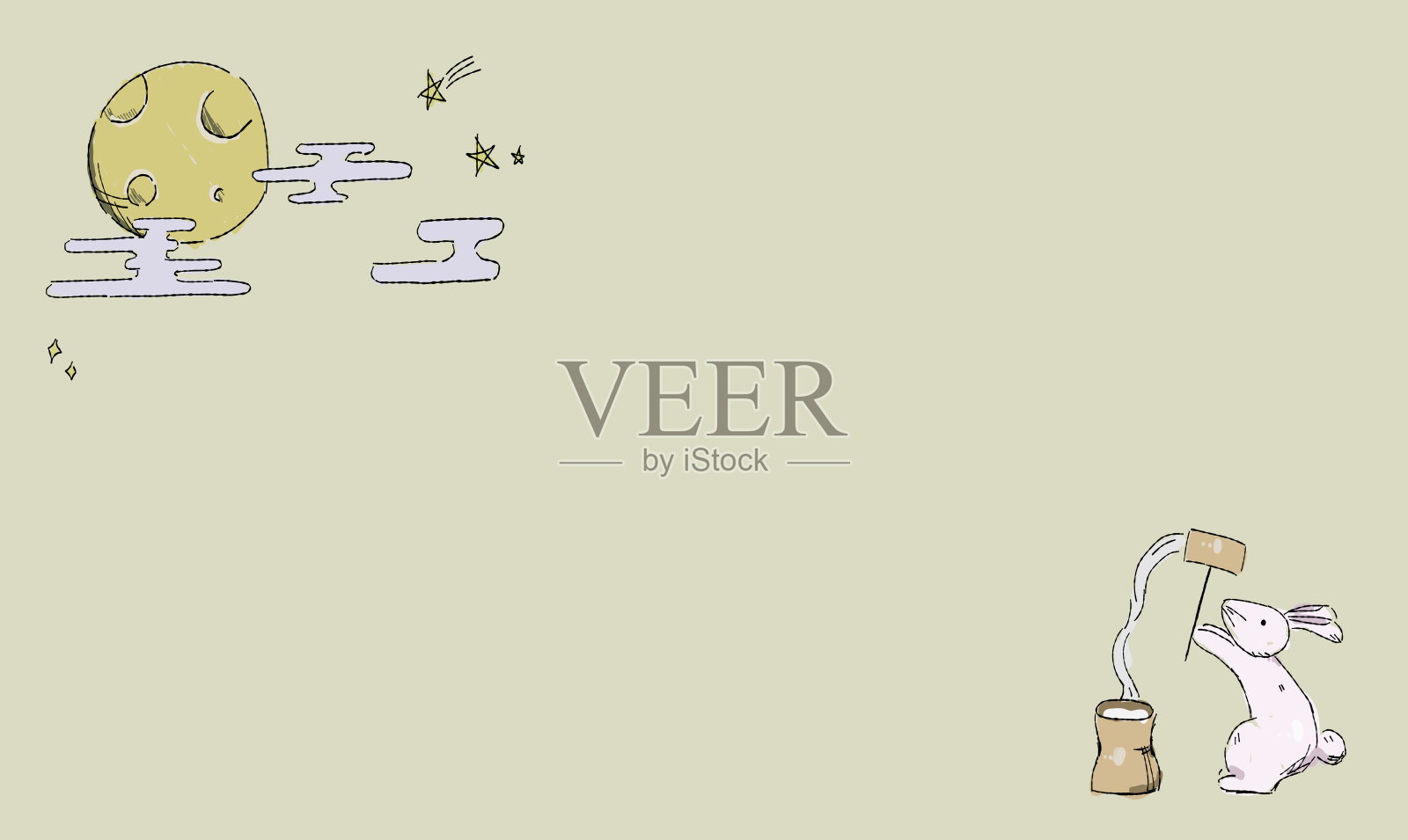 以兔子捣年糕为背景的赏月插图。手绘触笔画风。插画图片素材