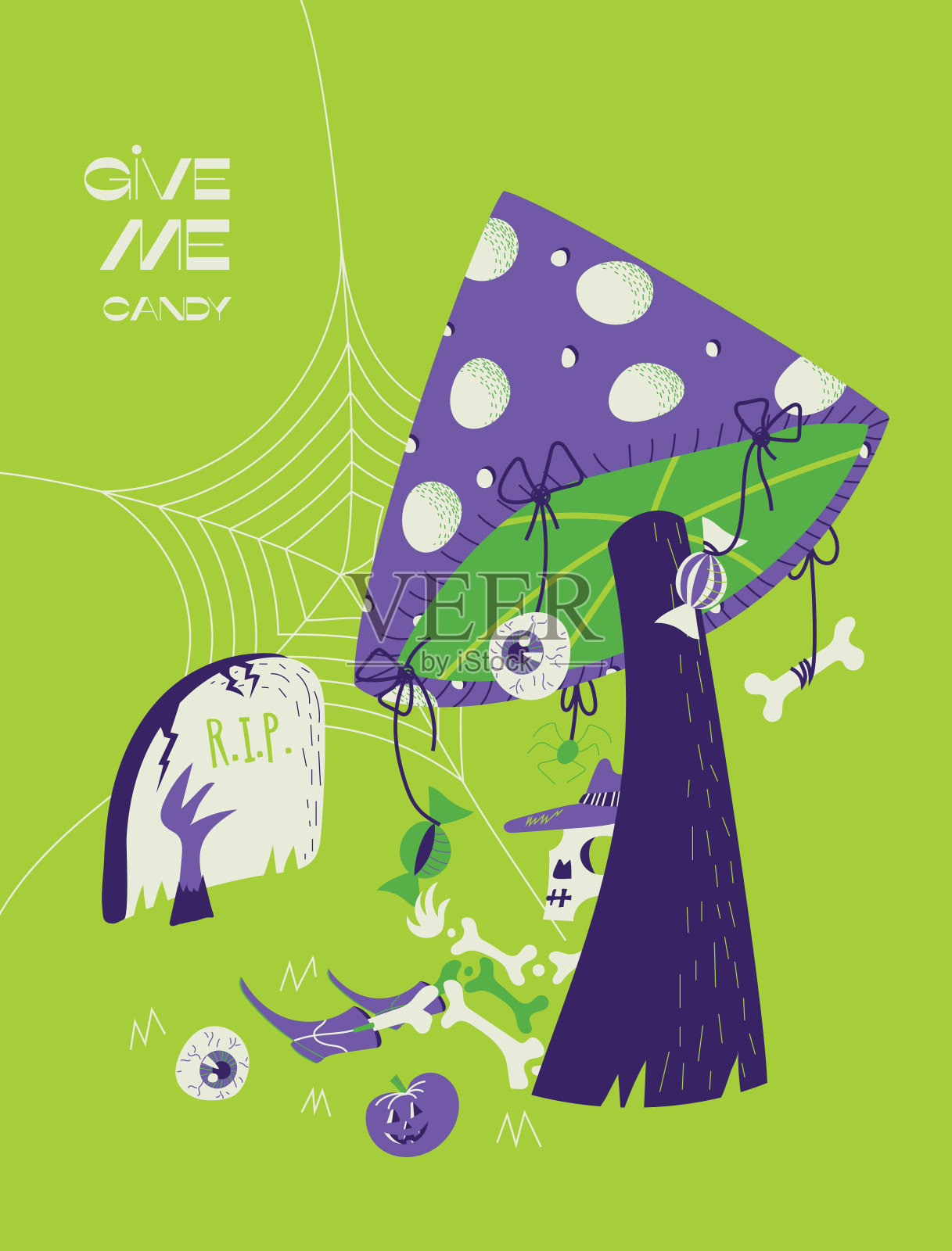 滑稽的骷髅坐在蘑菇下面吃糖果。明亮有趣的卡片,万圣节的横幅。万圣节的传统糖果。手持墓碑。矢量图插画图片素材